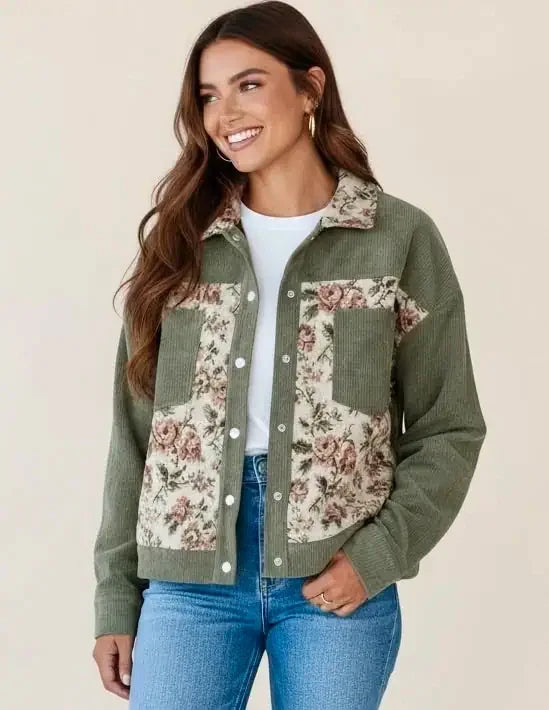Floral Snap Down Corduroy Jacket - DAVERRI FASHIONS