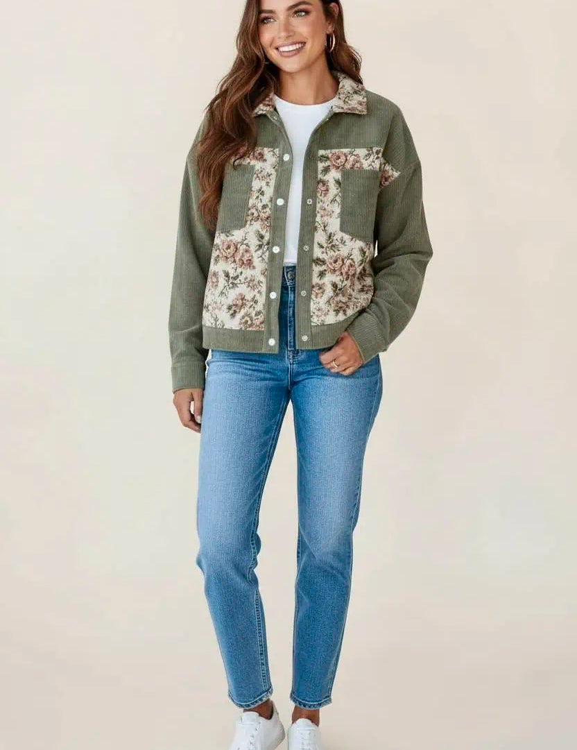 Floral Snap Down Corduroy Jacket | Jackets Daverri Fashions