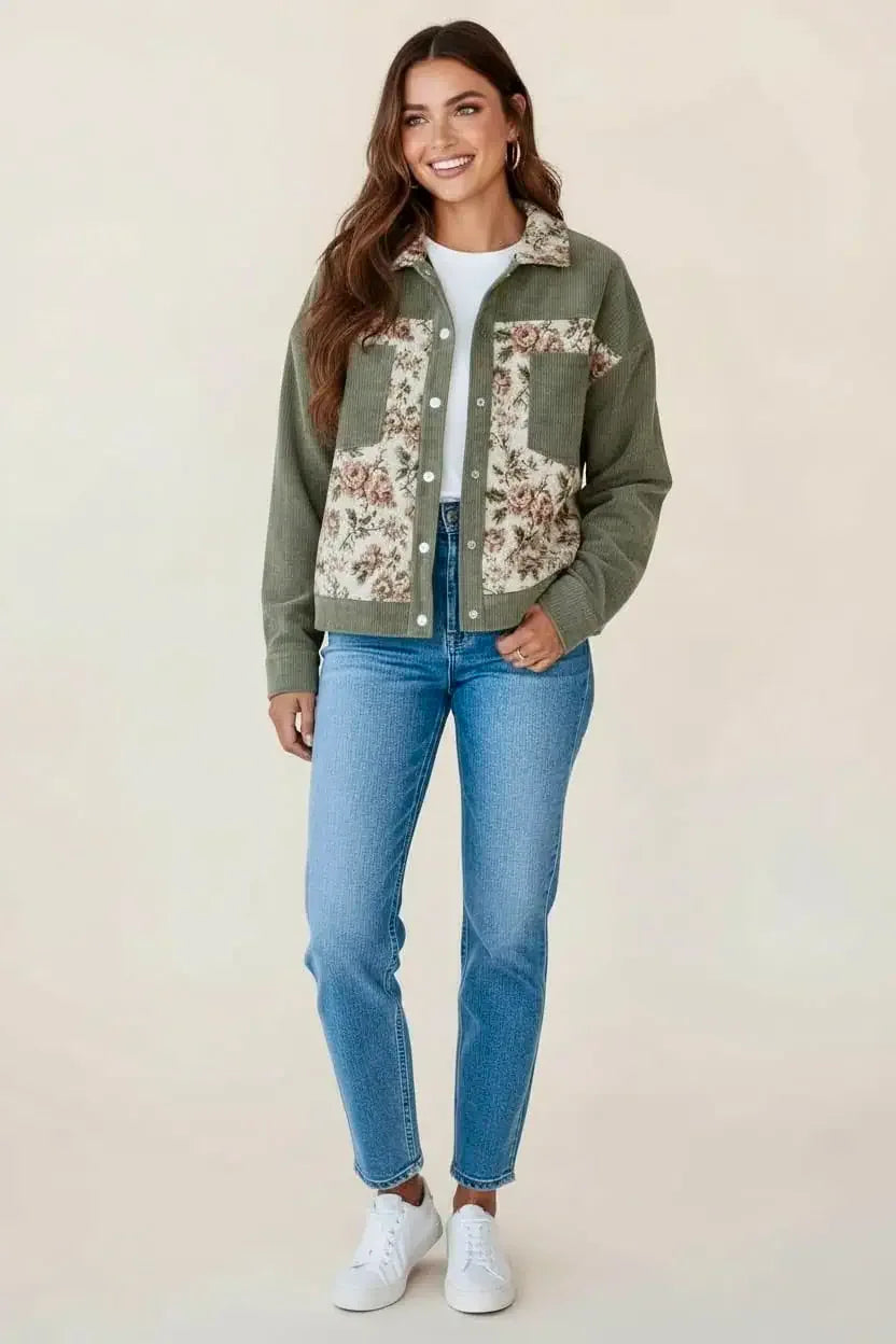 Floral Snap Down Corduroy Jacket - DAVERRI FASHIONS