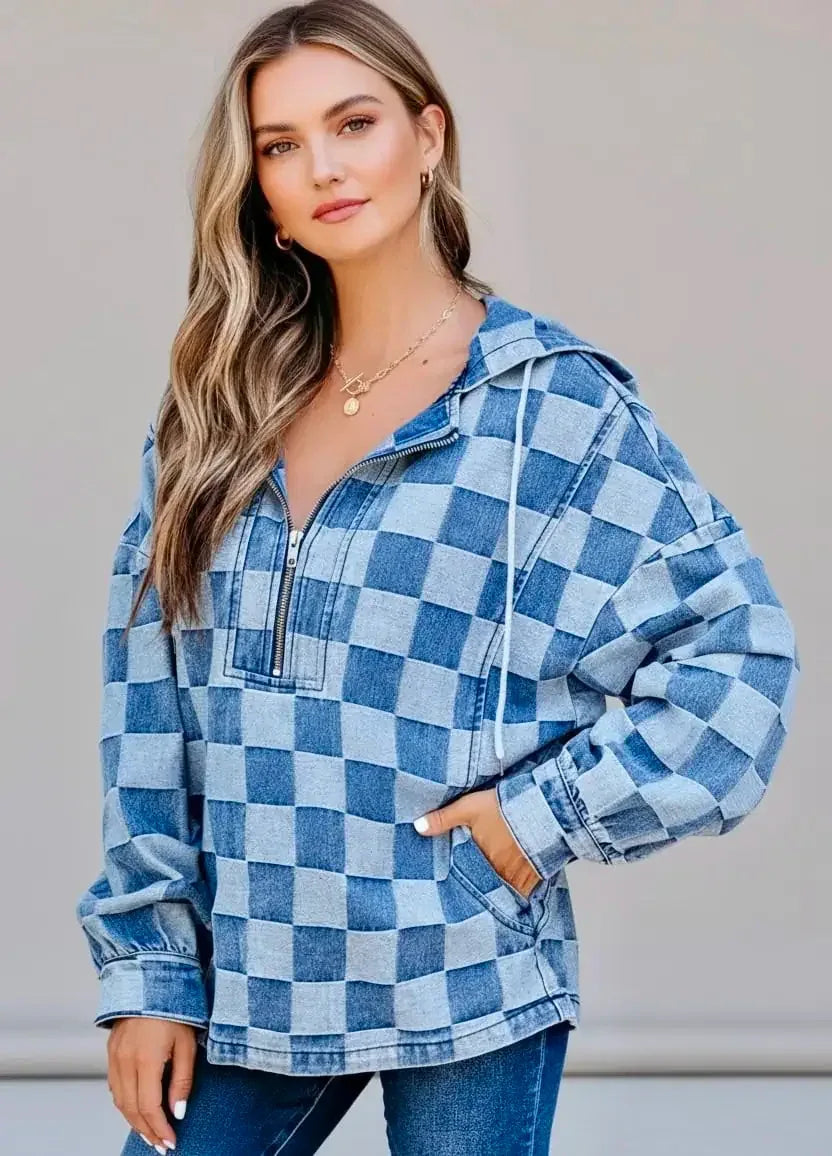Checkered Half Zip Denim Hoodie Top - DAVERRI FASHIONS