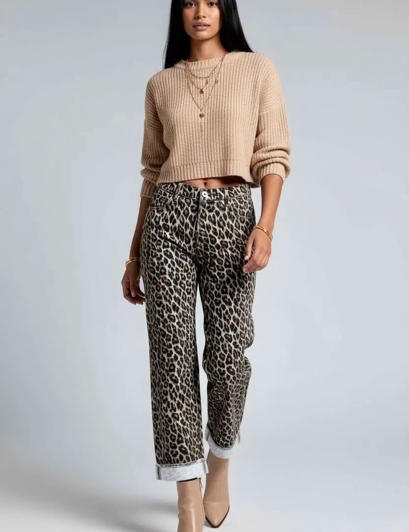 Leopard Straight Loose Leg Raw Hem Jeans | Jeans Daverri Fashions