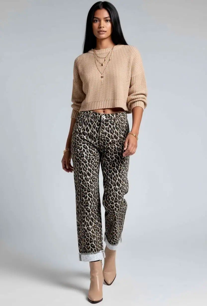 Leopard Straight Loose Leg Raw Hem Jeans | Jeans Daverri Fashions