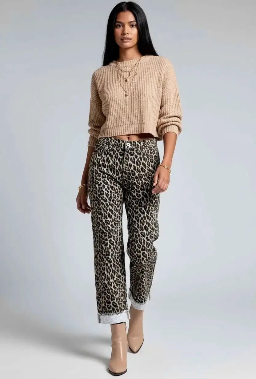 Leopard Straight Loose Leg Raw Hem Jeans - DAVERRI FASHIONS