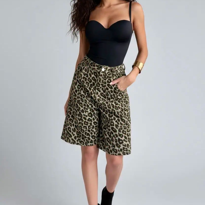 Leopard Print High-Waisted Denim Shorts | Shorts Daverri Fashions