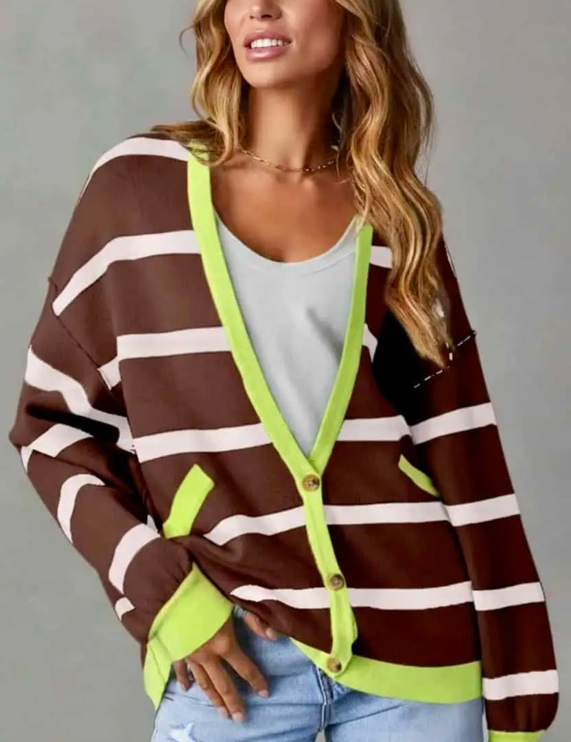 Contrast Stripes Button Down Long Sleeve Cardigan | Cardigans Daverri Fashions