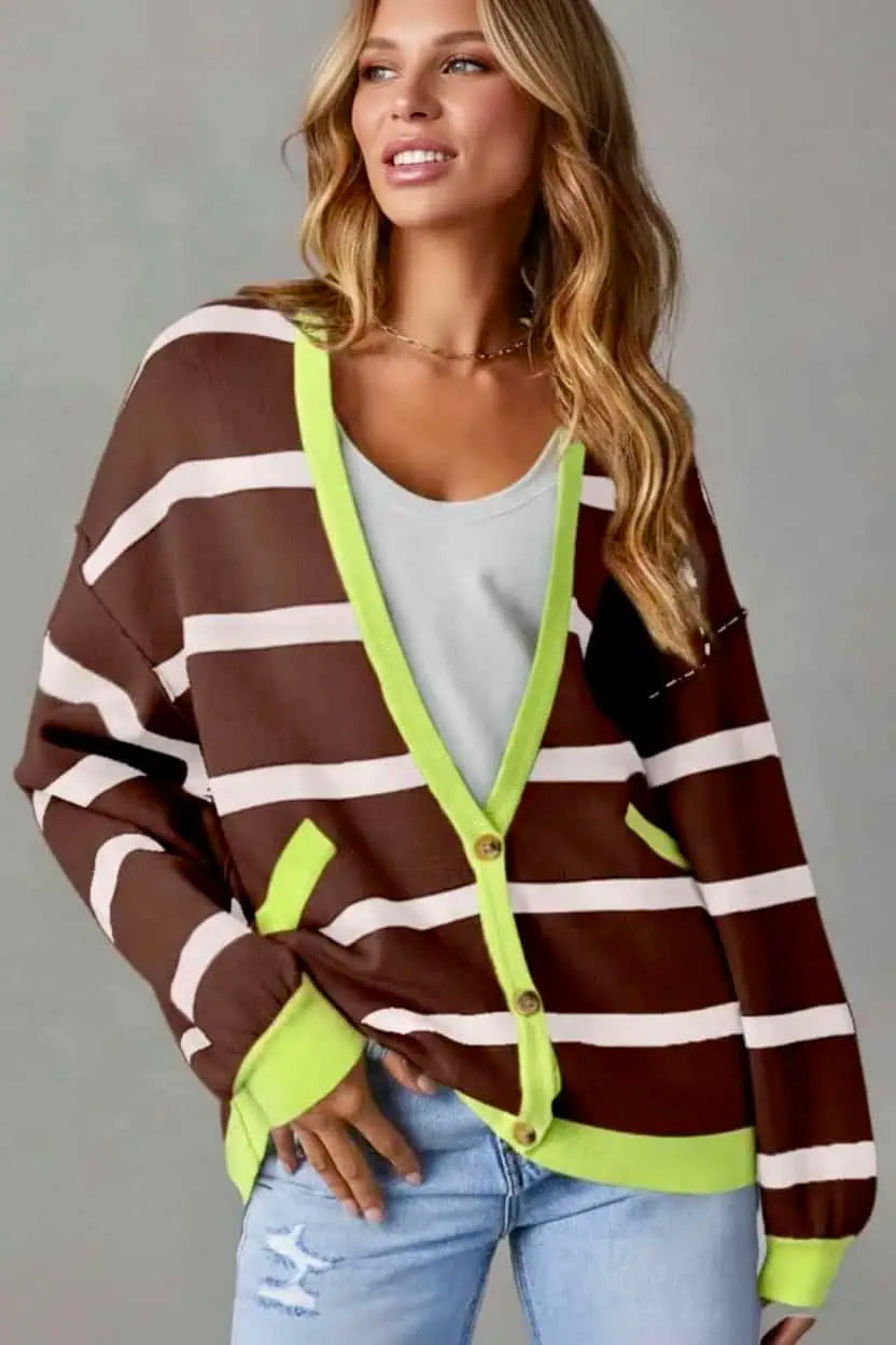Contrast Stripes Button Down Long Sleeve Cardigan | Cardigans Daverri Fashions