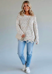 Confetti Distressed Hem Long Sleeve Sweater | Sweaters Daverri Fashions
