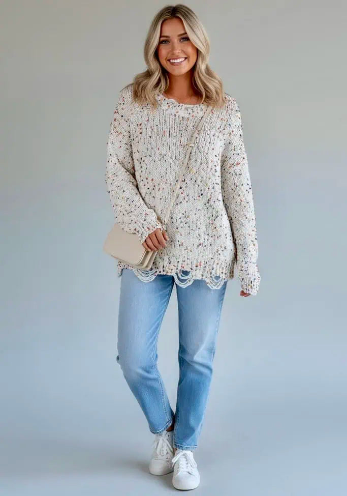 Confetti Distressed Hem Long Sleeve Sweater | Sweaters Daverri Fashions