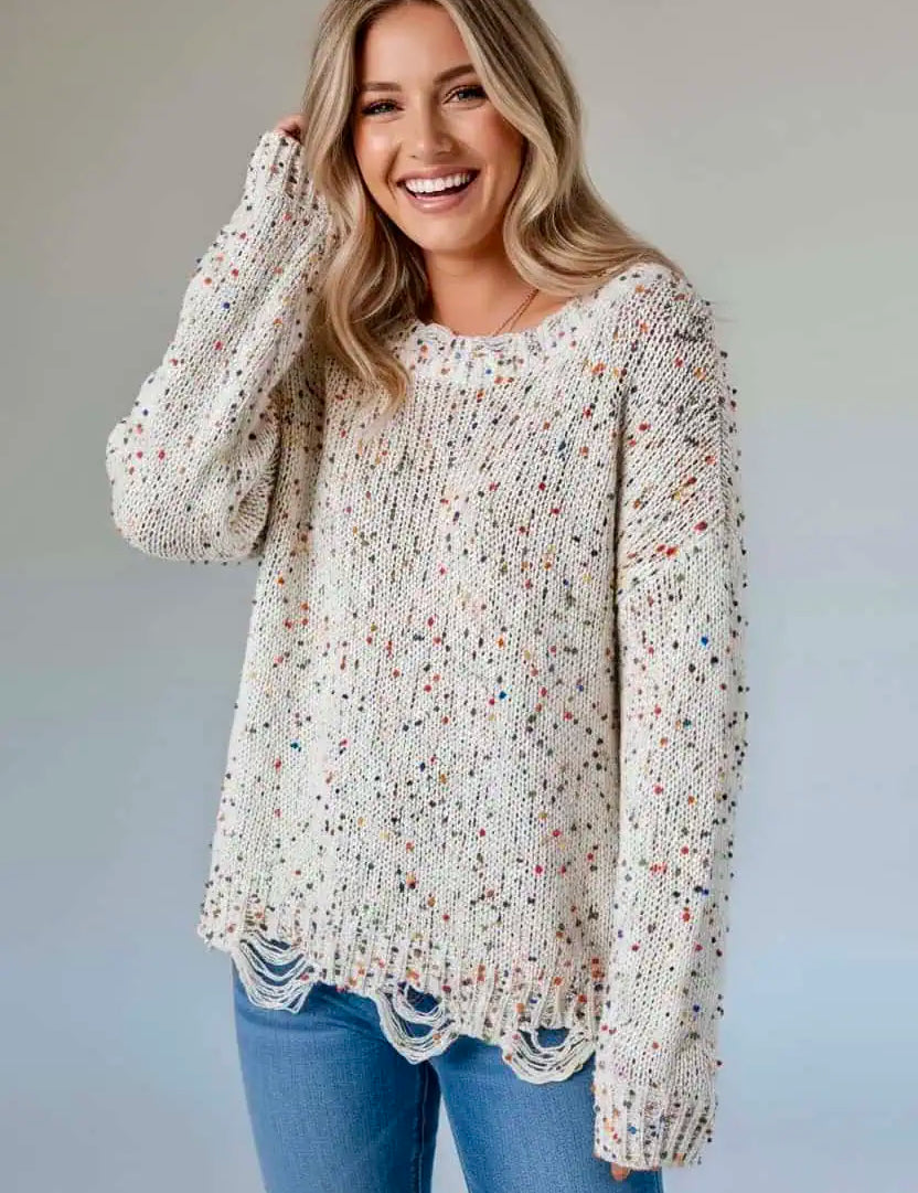 Confetti Distressed Hem Long Sleeve Sweater | Sweaters Daverri Fashions