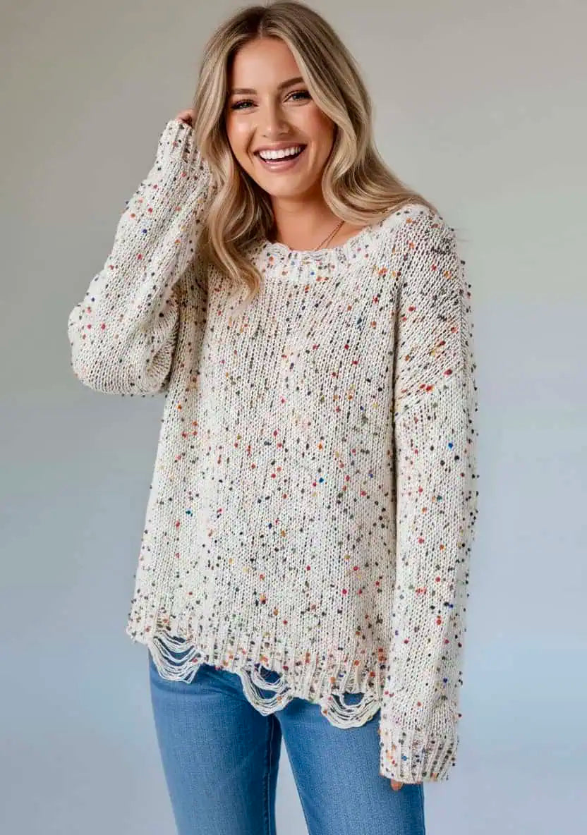 Confetti Distressed Hem Long Sleeve Sweater | Sweaters Daverri Fashions