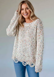 Confetti Distressed Hem Long Sleeve Sweater | Sweaters Daverri Fashions