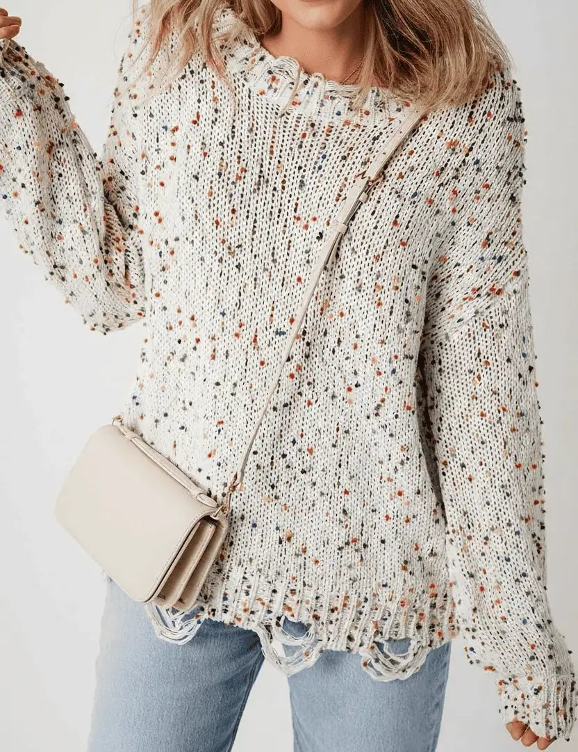Confetti Distressed Hem Long Sleeve Sweater | Sweaters Daverri Fashions