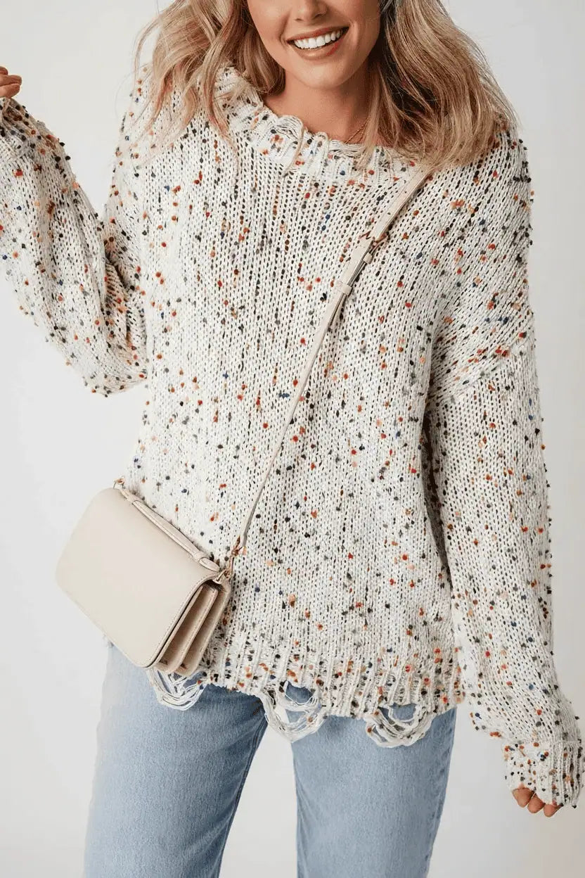 Confetti Distressed Hem Long Sleeve Sweater | Sweaters Daverri Fashions