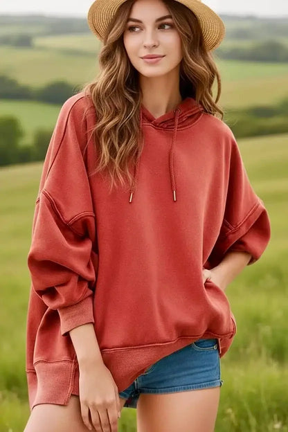 Drawstring Dropped Shoulder Long Sleeve Hoodie - DAVERRI FASHIONS
