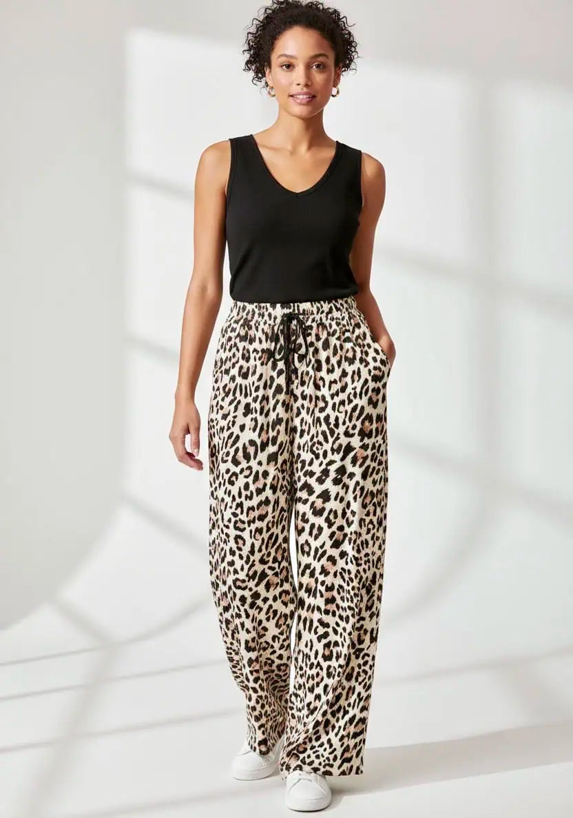 Allover Leopard Print Wide Leg Pants | Pants Daverri Fashions