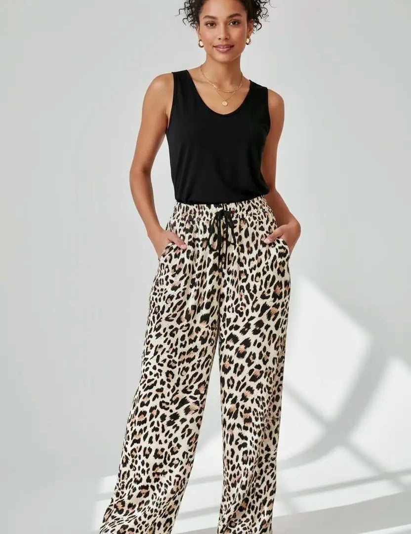 Allover Leopard Print Wide Leg Pants | Pants Daverri Fashions