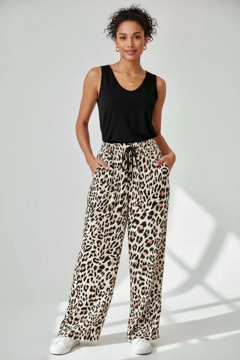 Allover Leopard Print Wide Leg Pants | Pants Daverri Fashions
