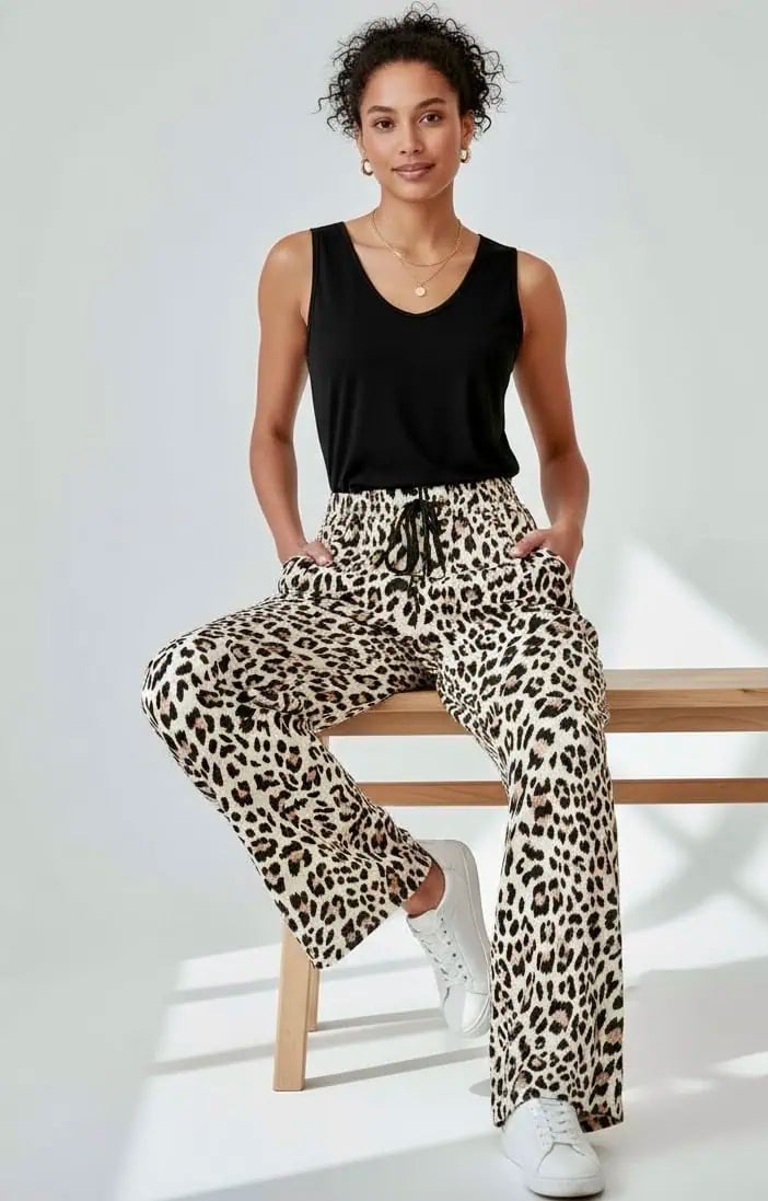 Allover Leopard Print Wide Leg Pants | Pants Daverri Fashions
