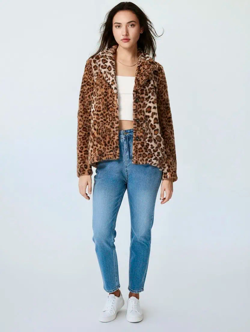 Fuzzy Leopard Collared Neck Jacket | Daverri Fashions