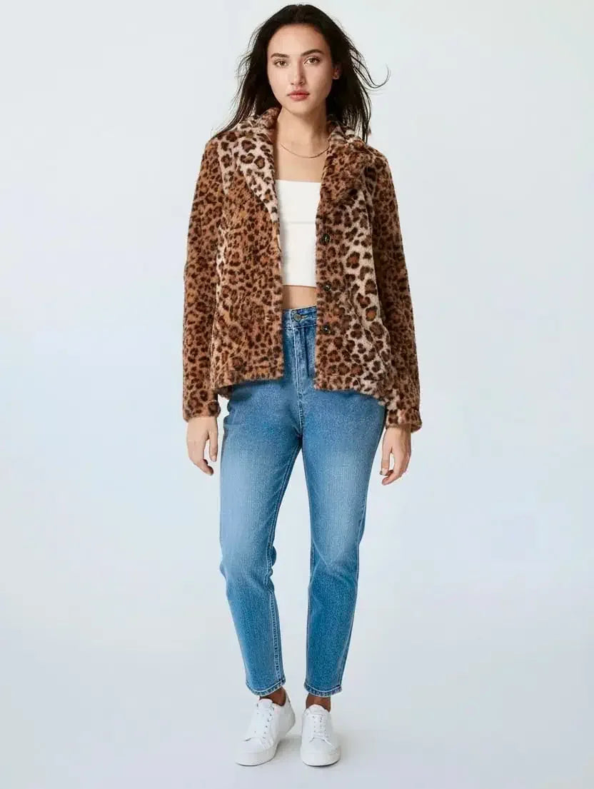 Fuzzy Leopard Collared Neck Jacket - DAVERRI FASHIONS