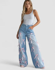 Bow Decorated Wide Leg Denim Jeans | Jeans Daverri Fashions