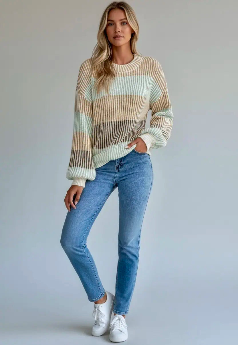 Colorblock Textured Knit Bubble Sleeve Sweater | Sweaters Daverri Fashions