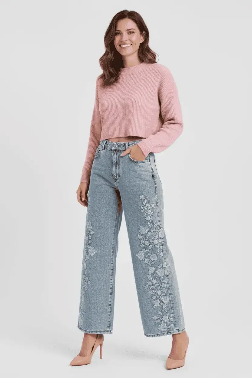 Women’s Plus Size Floral Embroidered Stretch Jeans - DAVERRI FASHIONS