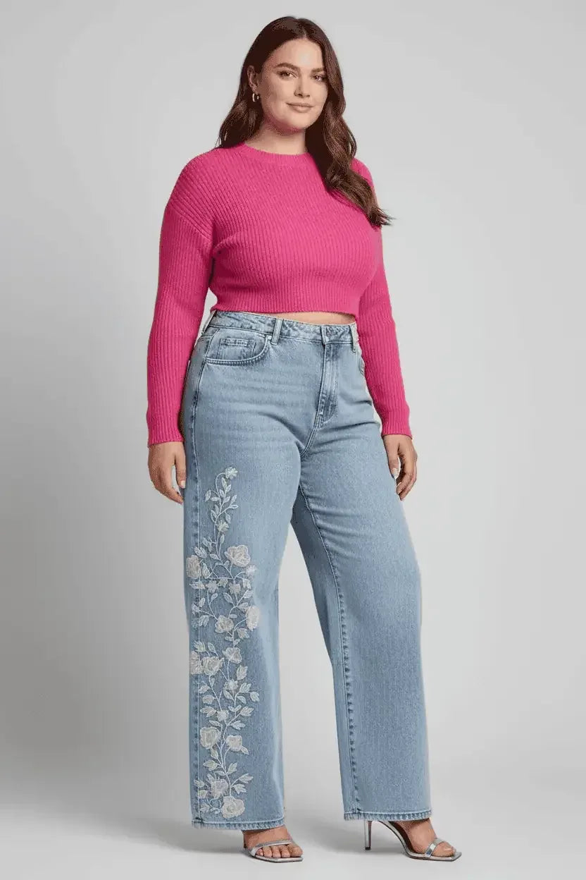 Women’s Plus Size Floral Embroidered Stretch Jeans - DAVERRI FASHIONS