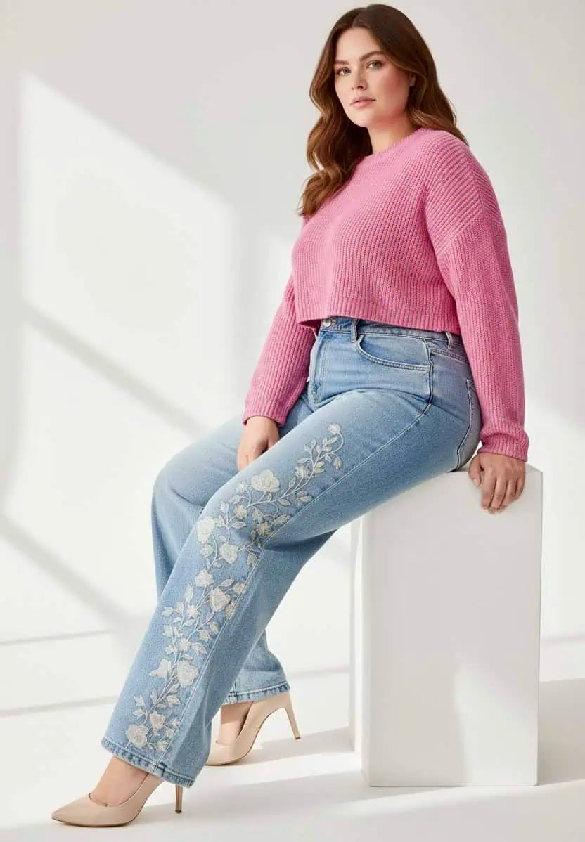 Women’s Plus Size Floral Embroidered Stretch Jeans | Jeans Daverri Fashions