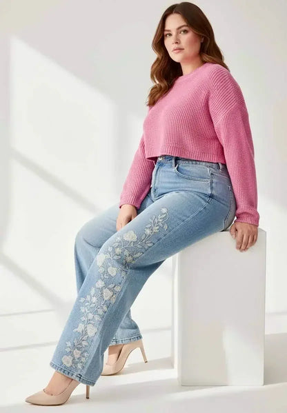 Women’s Plus Size Floral Embroidered Stretch Jeans - DAVERRI FASHIONS