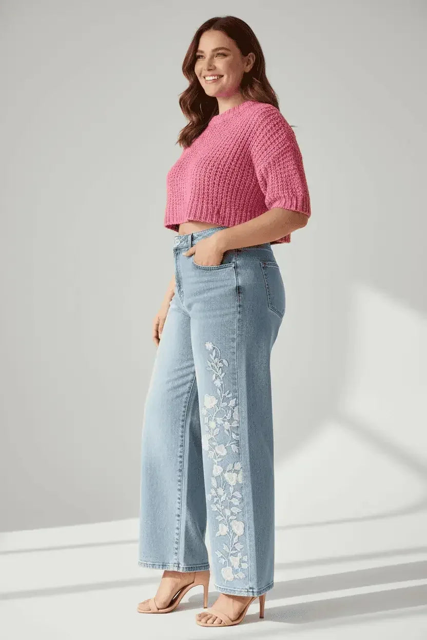 Women’s Plus Size Floral Embroidered Stretch Jeans - DAVERRI FASHIONS