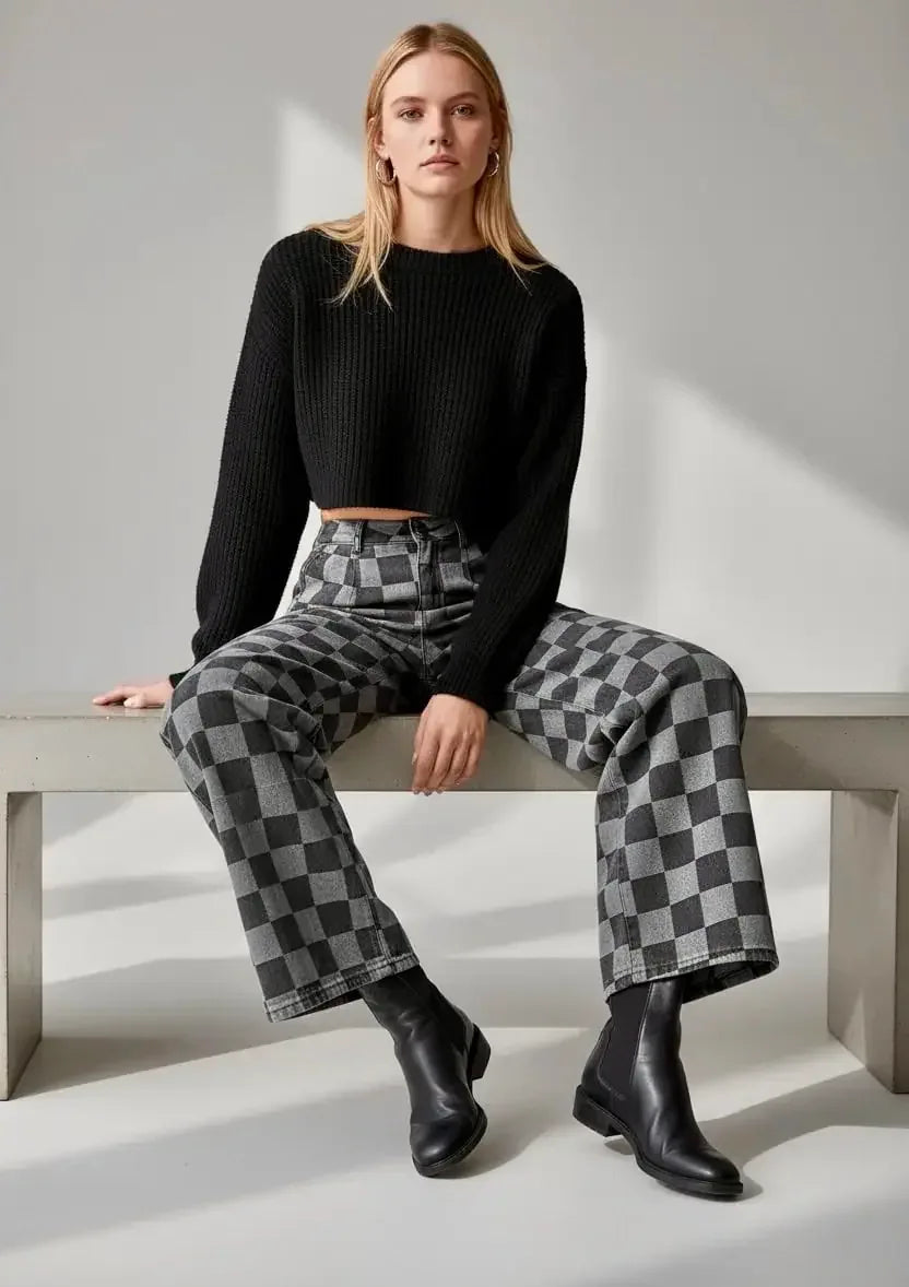 Checkered Wide Leg Jeans with Pockets - DAVERRI FASHIONS