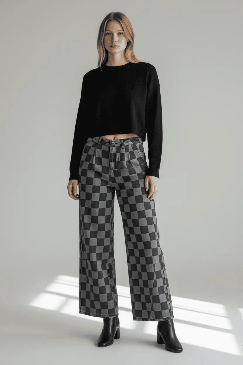 Checkered Wide Leg Jeans with Pockets | Jeans Daverri Fashions