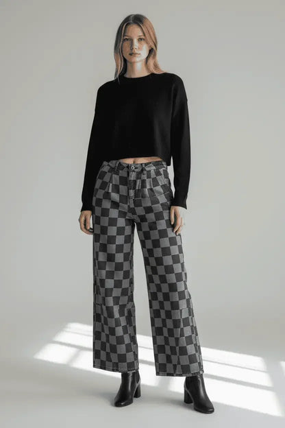 Checkered Wide Leg Jeans with Pockets - DAVERRI FASHIONS