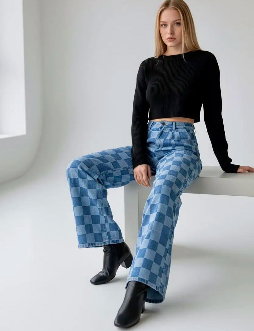 Checkered Wide Leg Jeans with Pockets | Jeans Daverri Fashions