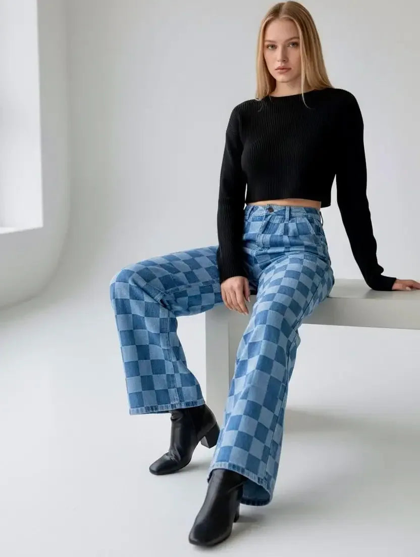 Checkered Wide Leg Jeans with Pockets - DAVERRI FASHIONS