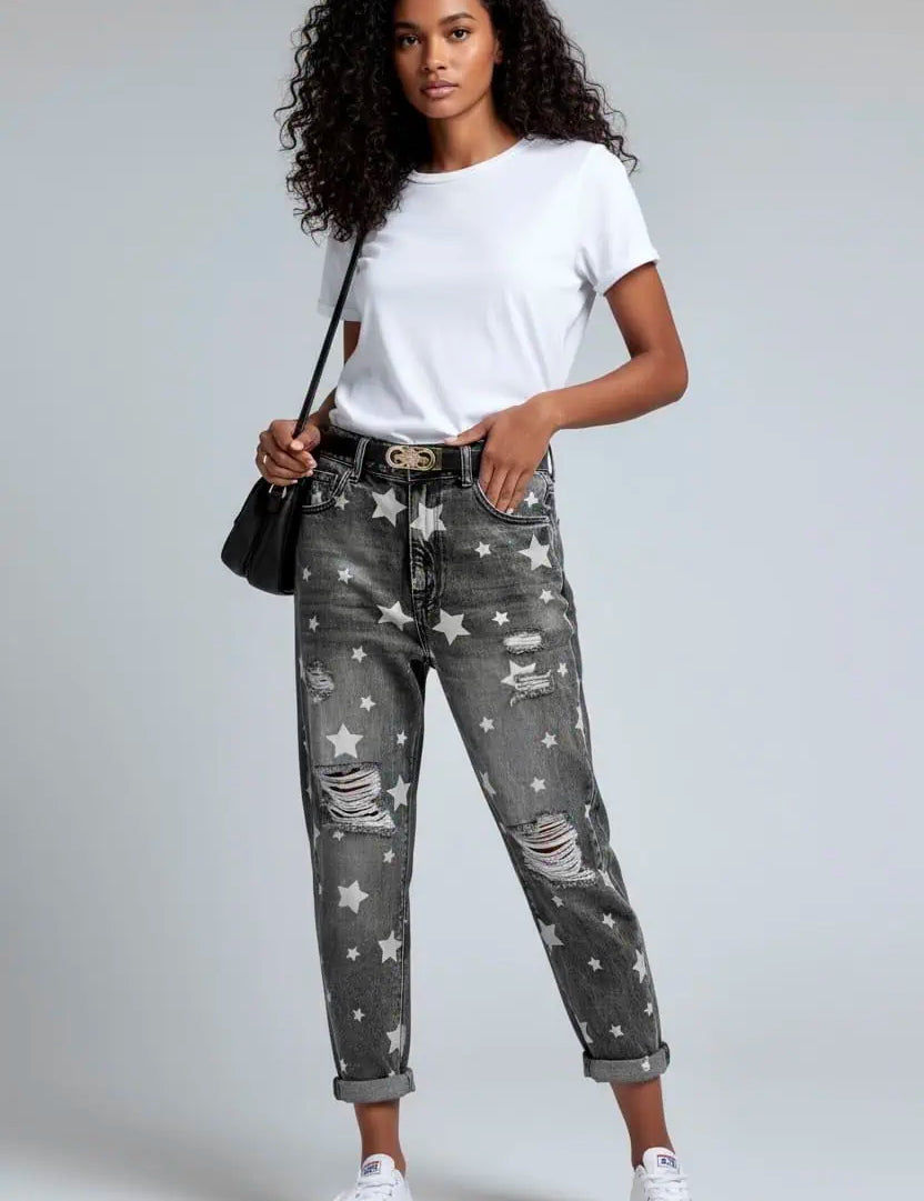 Star Print Distressed High Waist Boyfriend Jeans | Jeans Daverri Fashions