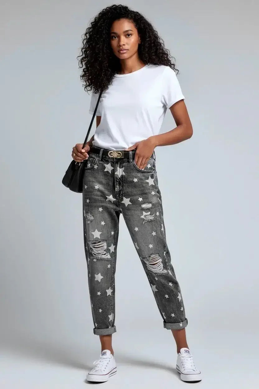 Star Print Distressed High Waist Boyfriend Jeans - DAVERRI FASHIONS