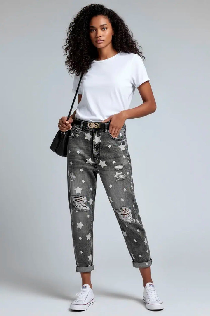Star Print Distressed High Waist Boyfriend Jeans