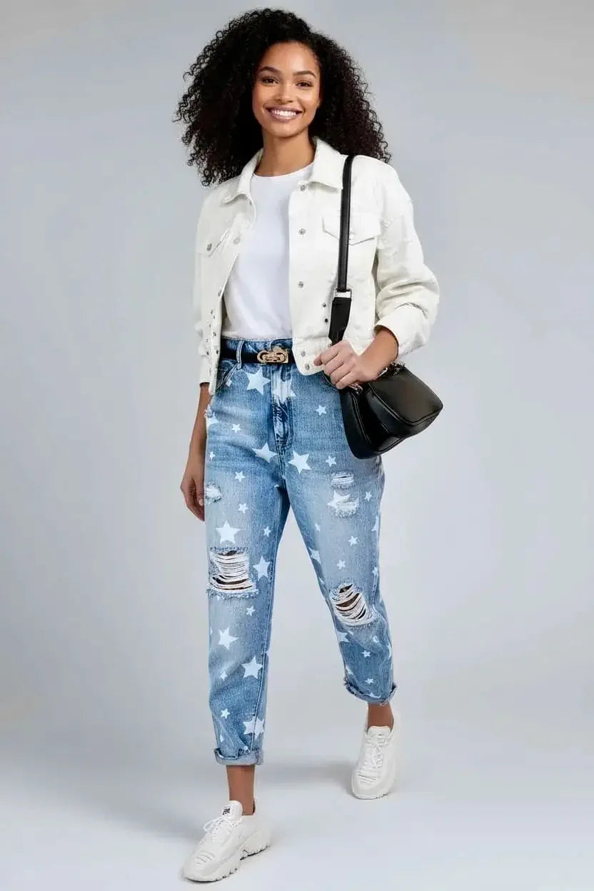 Star Print Distressed High Waist Boyfriend Jeans - DAVERRI FASHIONS