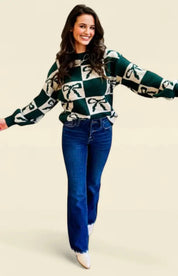 Checkered Bow Round Neck Casual Sweater | Sweaters Daverri Fashions