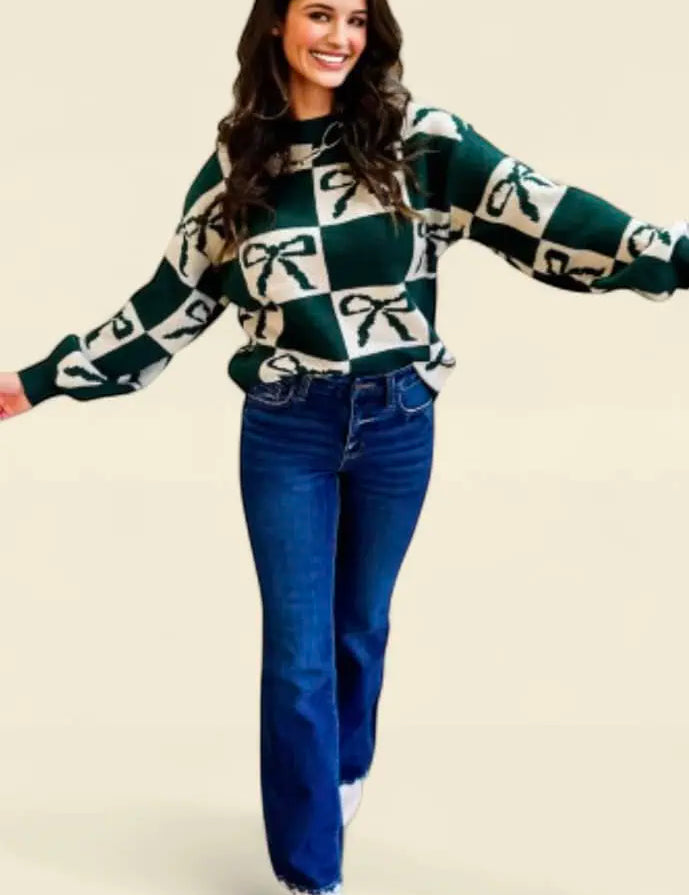 Checkered Bow Round Neck Casual Sweater | Sweaters Daverri Fashions