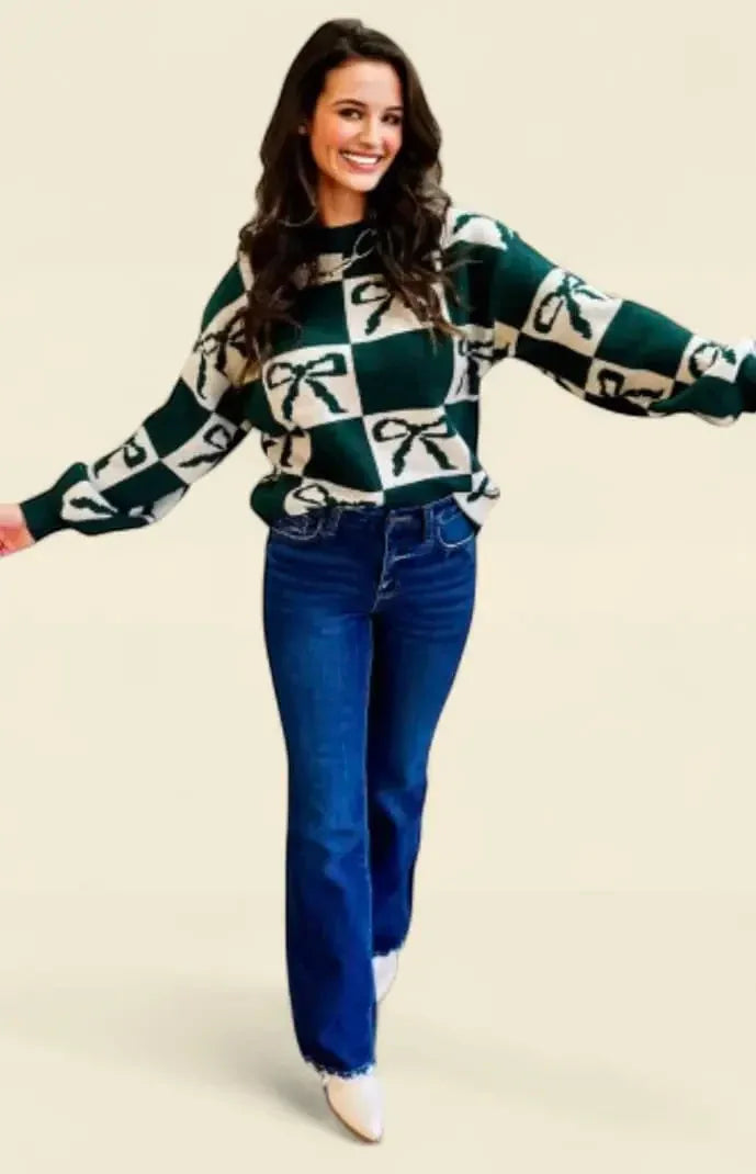 Checkered Bow Round Neck Casual Sweater - DAVERRI FASHIONS