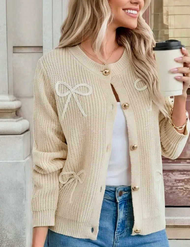 Bow Button Up Long Sleeve Cardigan | Cardigans Daverri Fashions