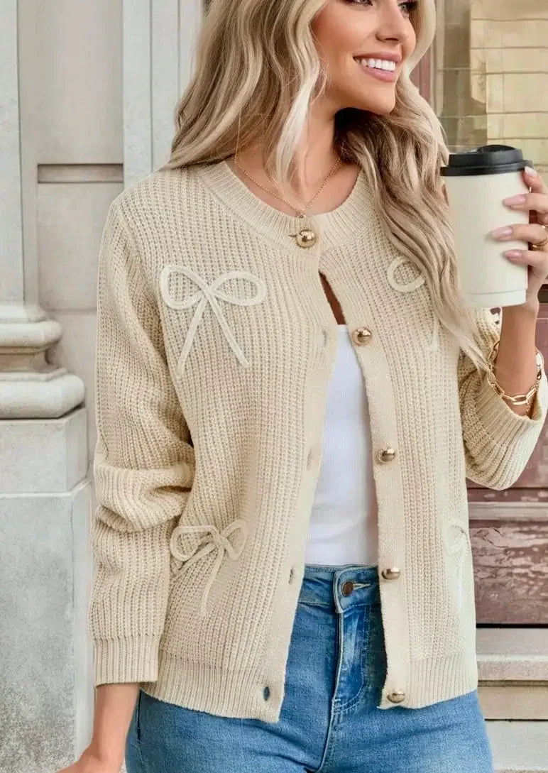 Bow Button Up Long Sleeve Cardigan - DAVERRI FASHIONS