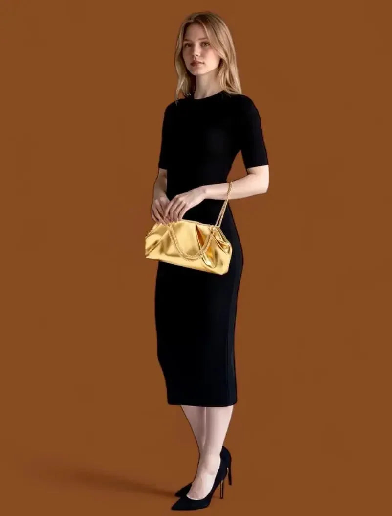 Ruched Shoulder Bag with Chain Strap - DAVERRI FASHIONS