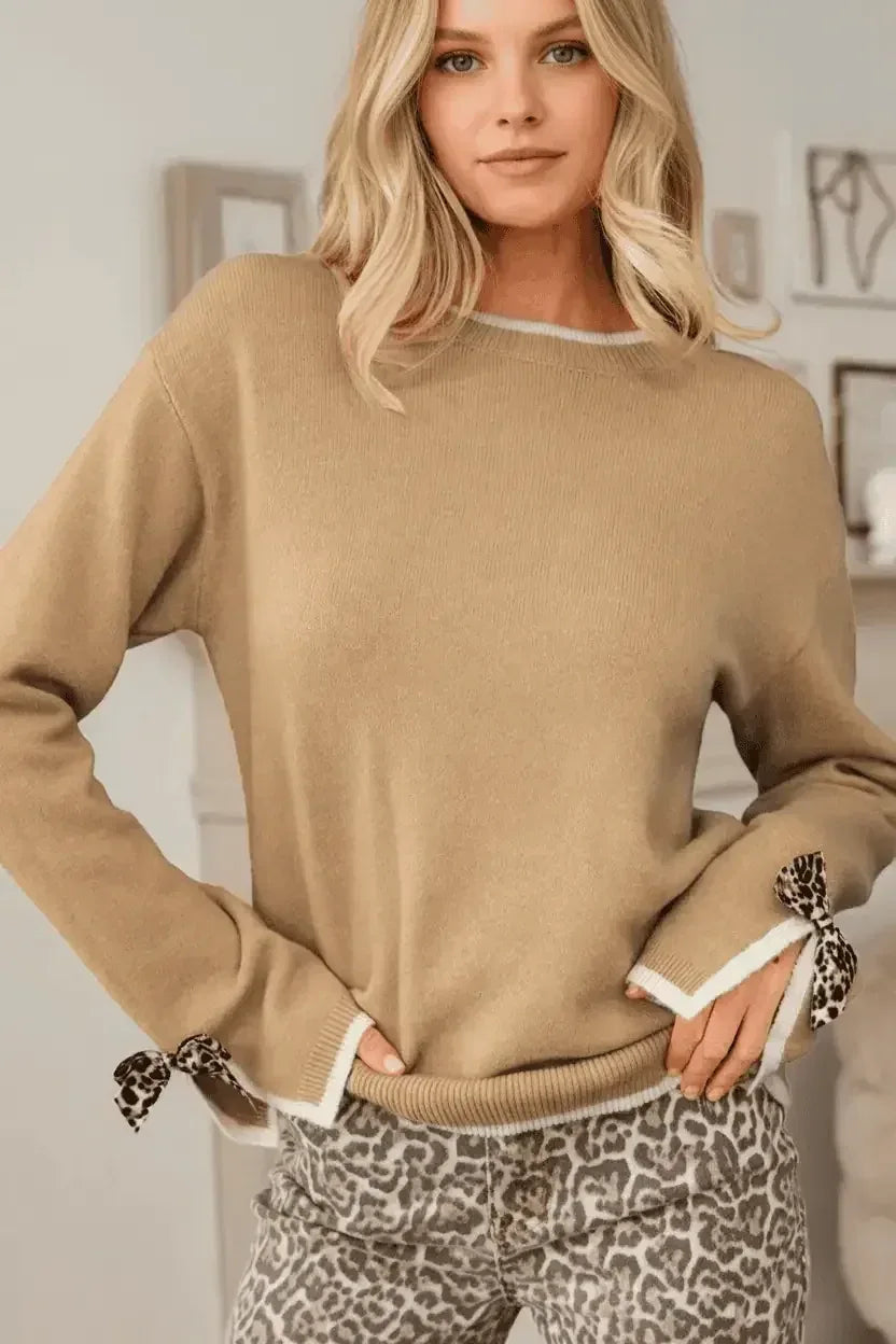 Leopard Bow Decor Split Cuff Contrast Trim Sweater - DAVERRI FASHIONS