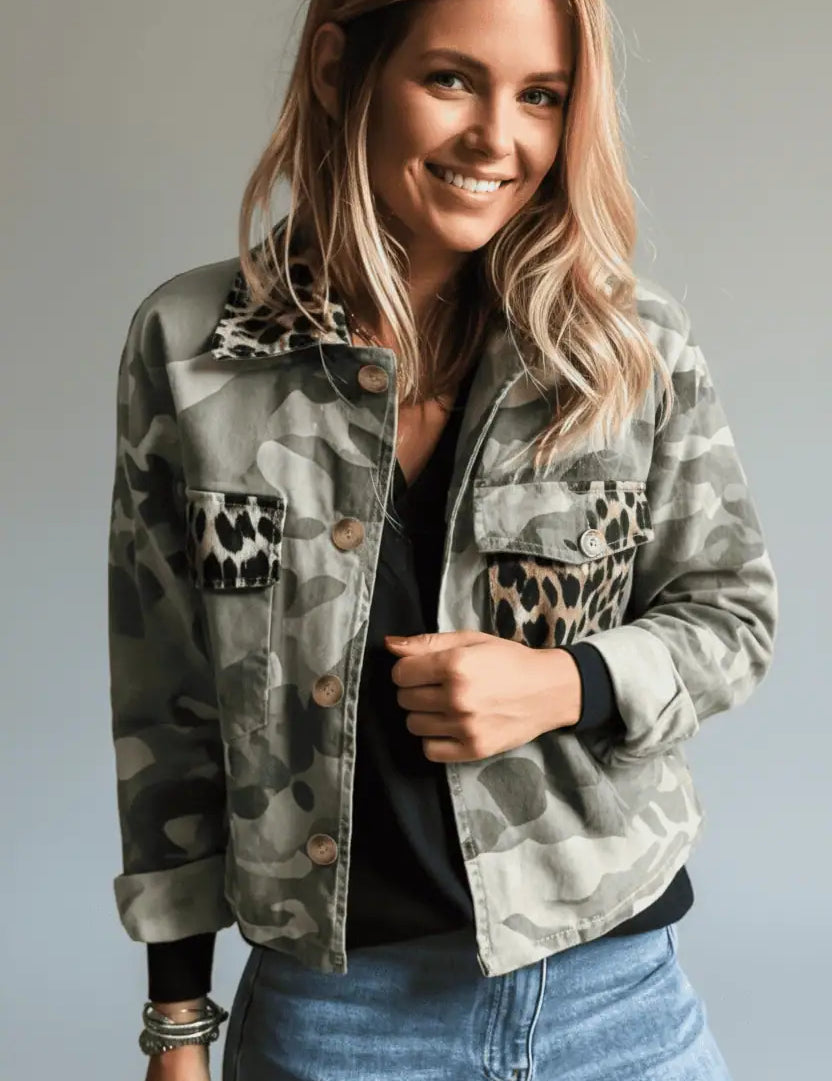 Camo Print Leopard Trim Button Up Jacket | Jackets Daverri Fashions