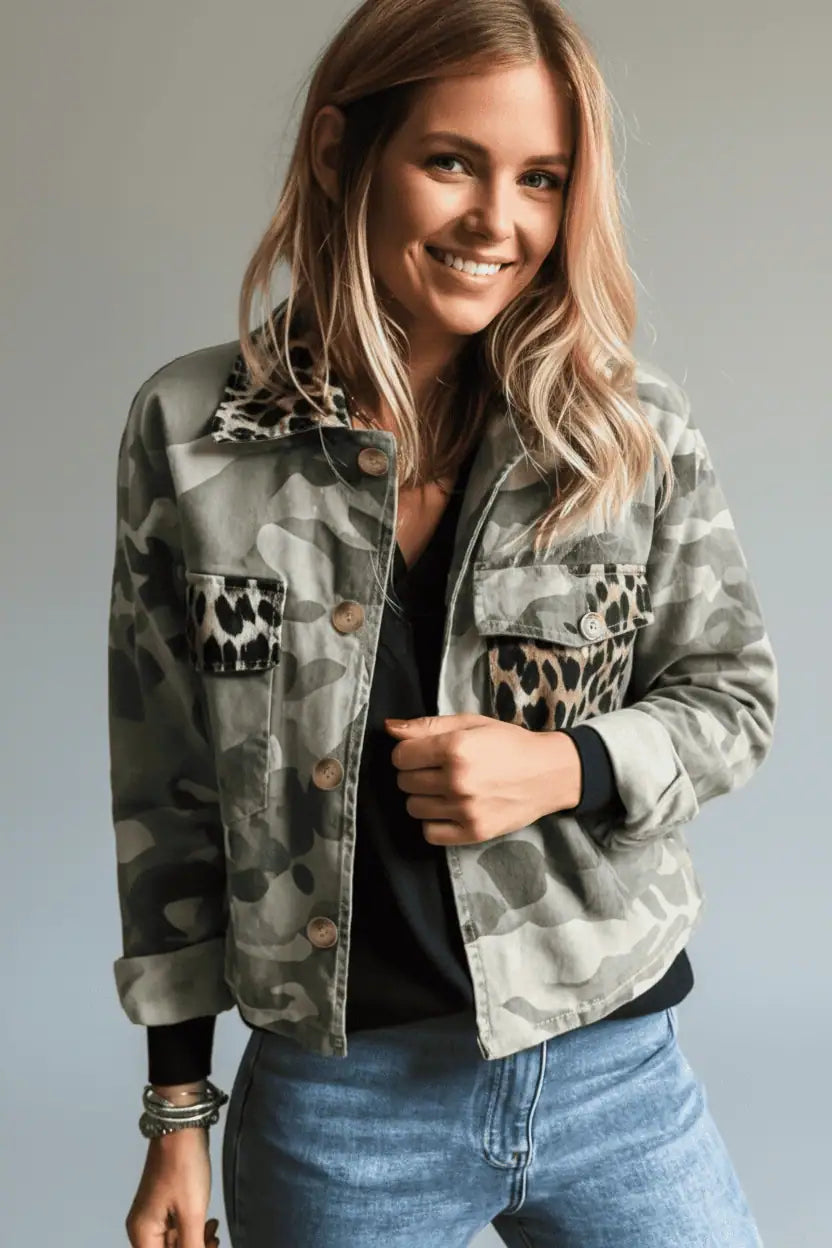 Camo Print Leopard Trim Button Up Jacket | Jackets Daverri Fashions