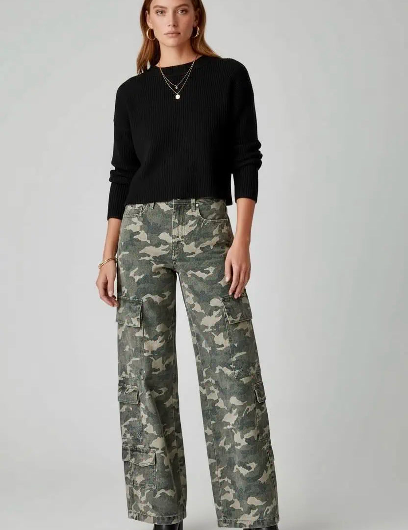Camo Print Wide Leg Cargo Jeans | Jeans Daverri Fashions